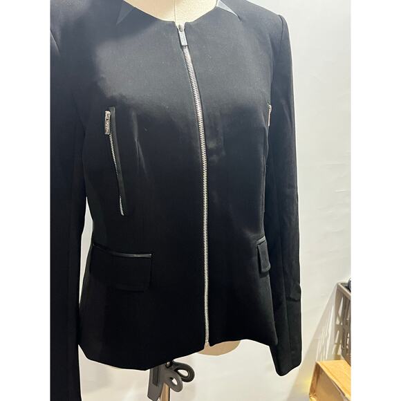 Calvin Klein Collarless Faux Leather Full Silver Zip Black Short Blazer Sz 10 - Picture 3 of 10